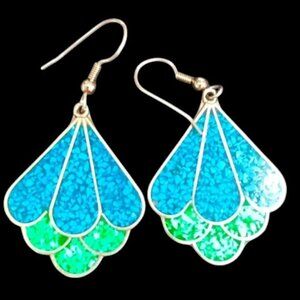 Vintage Mexican Alpaca Silver Inlaid Crushed Turquoise Dangling Fan Earrings